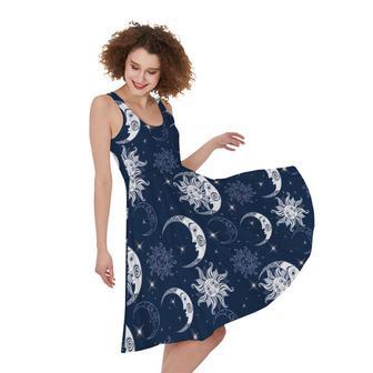 White And Blue Celestial Pattern Print Sleeveless Knee Length Dress | Newhawaiianshirts UK