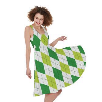 White And Green Argyle Pattern Print Sleeveless Knee Length Dress | Newhawaiianshirts AU