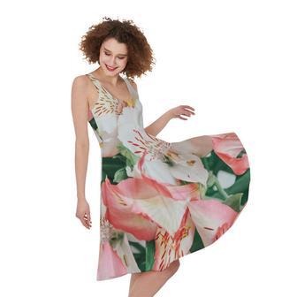 White And Pink Alstroemeria Print Sleeveless Knee Length Dress | Newhawaiianshirts DE