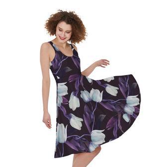 White And Purple Tulip Pattern Print Sleeveless Knee Length Dress | Newhawaiianshirts UK