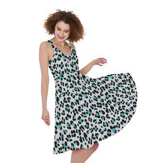 White And Teal Leopard Print Sleeveless Knee Length Dress | Newhawaiianshirts DE