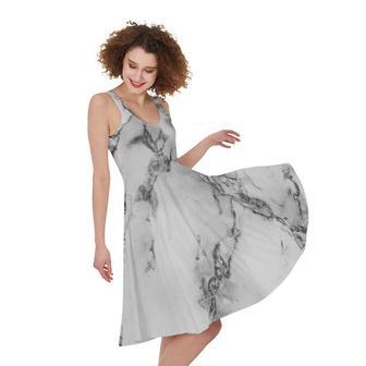 White Dark Grey Marble Print Sleeveless Knee Length Dress | Newhawaiianshirts