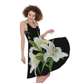 White Lily Print Sleeveless Knee Length Dress | Newhawaiianshirts