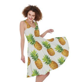 White Pineapple Pattern Print Sleeveless Knee Length Dress | Newhawaiianshirts DE