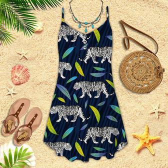 White Tiger Walking Roar Wild Leaves Spaghetti Strap Summer Dress | Newhawaiianshirts