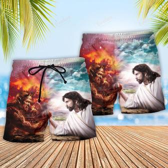 Wrestling Arm Wrestling Jesus vs Satan Beach Short | Newhawaiianshirts DE