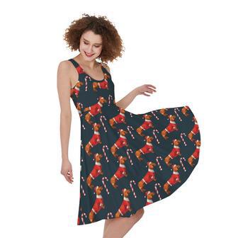 Xmas Dachshund Pattern Print Sleeveless Knee Length Dress | Newhawaiianshirts UK