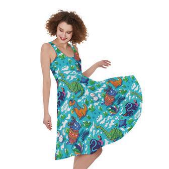 Xmas Dinosaur Pattern Print Sleeveless Knee Length Dress | Newhawaiianshirts CA