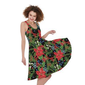 Xmas Poinsettia Pattern Print Sleeveless Knee Length Dress | Newhawaiianshirts CA