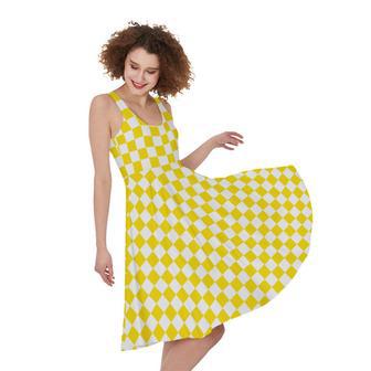 Yellow And White Checkered Pattern Print Sleeveless Knee Length Dress | Newhawaiianshirts CA