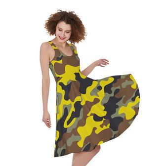 Yellow Brown And Black Camouflage Print Sleeveless Knee Length Dress | Newhawaiianshirts CA