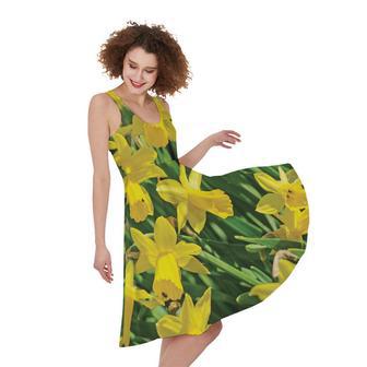 Yellow Daffodil Flower Print Sleeveless Knee Length Dress | Newhawaiianshirts DE