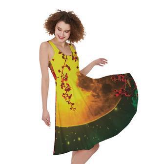 Yellow Full Moon Print Sleeveless Knee Length Dress | Newhawaiianshirts UK