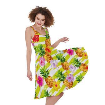 Yellow Striped Pineapple Pattern Print Sleeveless Knee Length Dress | Newhawaiianshirts UK