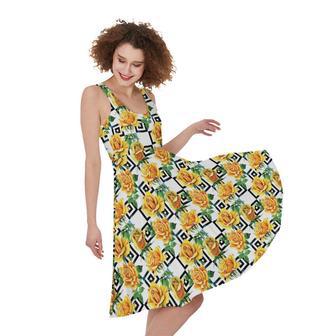 Yellow Watercolor Rose Print Sleeveless Knee Length Dress | Newhawaiianshirts DE