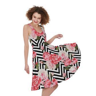 Zigzag Peony And Rose Pattern Print Sleeveless Knee Length Dress | Newhawaiianshirts