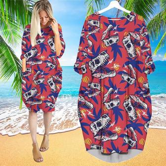 A Dinosaurs Skull With Palm Tree Tropical Long Sleeve Midi Dress | Newhawaiianshirts CA