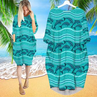 A Flock Of Dolphins In The Sea Pattern Long Sleeve Midi Dress | Newhawaiianshirts CA