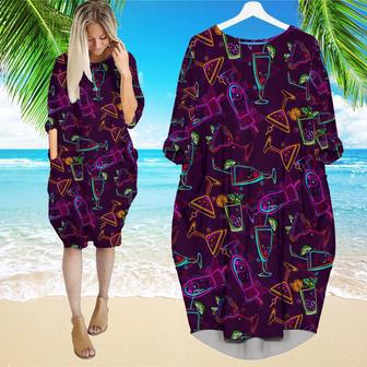 Amazing Night Happy Cocktails Flowers Long Sleeve Midi Dress | Newhawaiianshirts UK