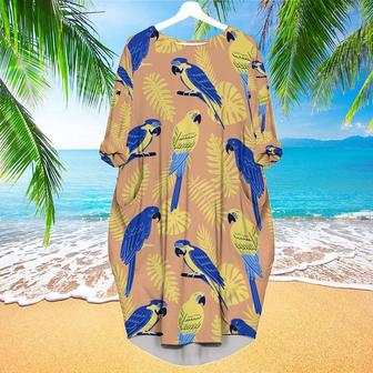 Blue And Gold Bird Tropical Long Sleeve Midi Dress | Newhawaiianshirts UK