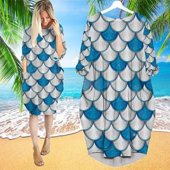 Blue And White Mermaid Scales Long Sleeve Midi Dress | Newhawaiianshirts AU