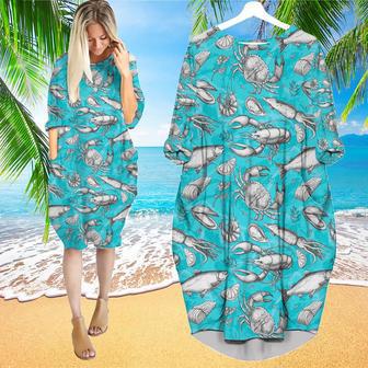 Blue Summer Seafood Tasty Long Sleeve Midi Dress | Newhawaiianshirts CA