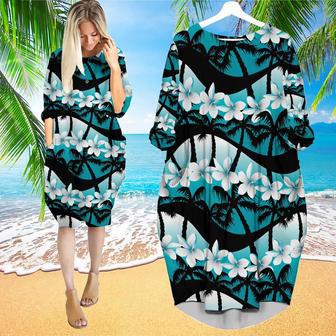 Blue Tropical Flowers With Palm Tree Long Sleeve Midi Dress | Newhawaiianshirts AU