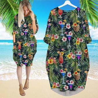 Bright Cocktails With Colorful Flowers Long Sleeve Midi Dress | Newhawaiianshirts AU