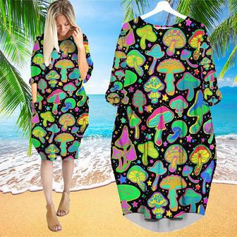 Bright Psychedelic Mushrooms Long Sleeve Midi Dress | Newhawaiianshirts CA