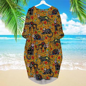 Calavera Sugar Skull Black Cats In Mexican Style Long Sleeve Midi Dress | Newhawaiianshirts UK