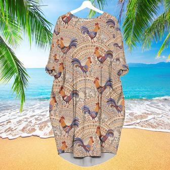 Chicken Roosters In Floral Ornament On A Beige Native Pattern Long Sleeve Midi Dress | Newhawaiianshirts DE