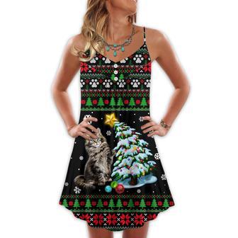 Christmas Cute Cat Wreck Tree Light Funny Ugly Style - V-Neck Sleeveless Cami Dress | Newhawaiianshirts