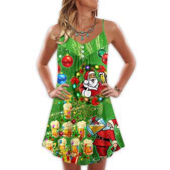 Christmas Funny Santa Claus Drinking Beer Happy Christmas Tree Green Light - V-Neck Sleeve Cami Dress | Newhawaiianshirts DE