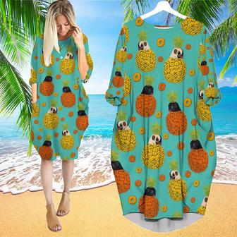 Colorful Bulldog Pineapple Long Sleeve Midi Dress | Newhawaiianshirts DE