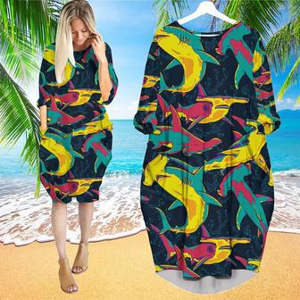 Colorful Hammerhead Shark Long Sleeve Midi Dress | Newhawaiianshirts CA