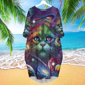 colorful Rainbow Cat Space Galaxy Planet Long Sleeve Midi Dress | Newhawaiianshirts AU