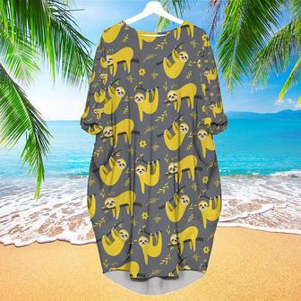 Cute Sloth Seamless Pattern In Yellow And Gray Long Sleeve Midi Dress | Newhawaiianshirts UK