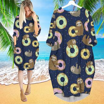 Cute Sloth With Sweet Donuts Long Sleeve Midi Dress | Newhawaiianshirts AU