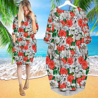 Dalmatins Dog In Red Flowers Long Sleeve Midi Dress | Newhawaiianshirts