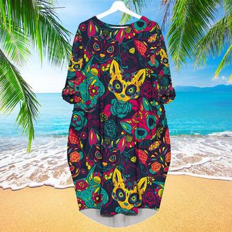 Day Of The Dead Colorful Sugar Cat Skull With Floral Long Sleeve Midi Dress | Newhawaiianshirts AU