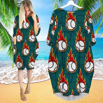 Flaming Baseball Ball Long Sleeve Midi Dress | Newhawaiianshirts