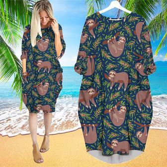 Funny Lazy Sloths On Branch Seamless Long Sleeve Midi Dress | Newhawaiianshirts DE