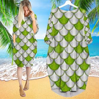 Green And White Mermaid Scales Long Sleeve Midi Dress | Newhawaiianshirts