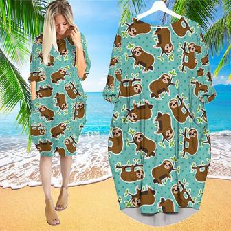 Green Lazy Sleeping Sloth Long Sleeve Midi Dress | Newhawaiianshirts