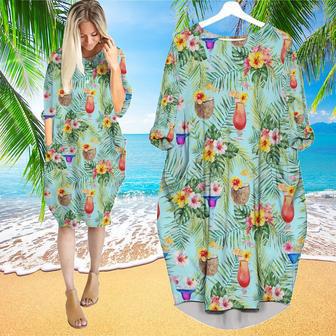 Green Palm Leaves Cocktails And Coconuts Long Sleeve Midi Dress | Newhawaiianshirts CA