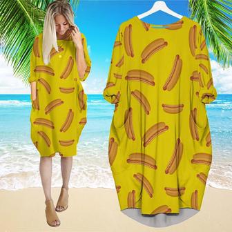 Hot Dog On Yellow Long Sleeve Midi Dress | Newhawaiianshirts UK