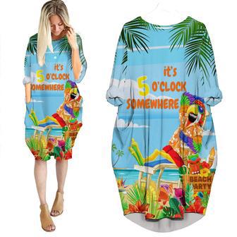 It's 5 O'Clock Somewhere Parrot On The Beach Blue Long Sleeve Midi Dress | Newhawaiianshirts UK