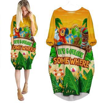 It's 5 O'clock Somewhere Parrot Turtle Tiki Party Yellow Long Sleeve Midi Dress | Newhawaiianshirts DE