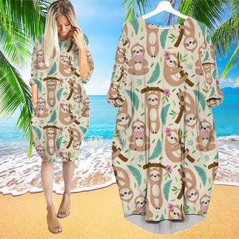 Lazy Sloth Hanging On Tree Long Sleeve Midi Dress | Newhawaiianshirts DE