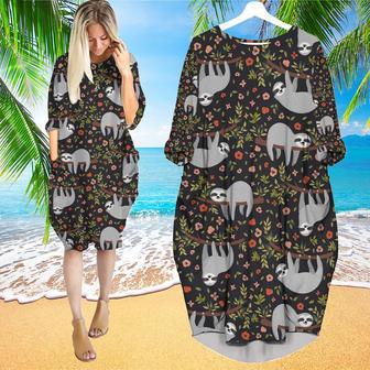 Lazy Sloth Sleeping On Tree Long Sleeve Midi Dress | Newhawaiianshirts DE